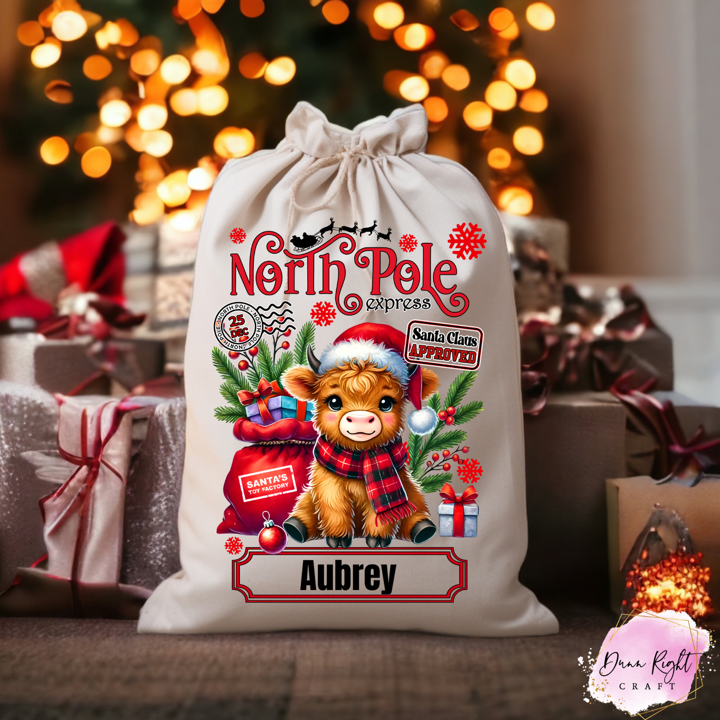 North Pole Express Highland Cow Santa Sack