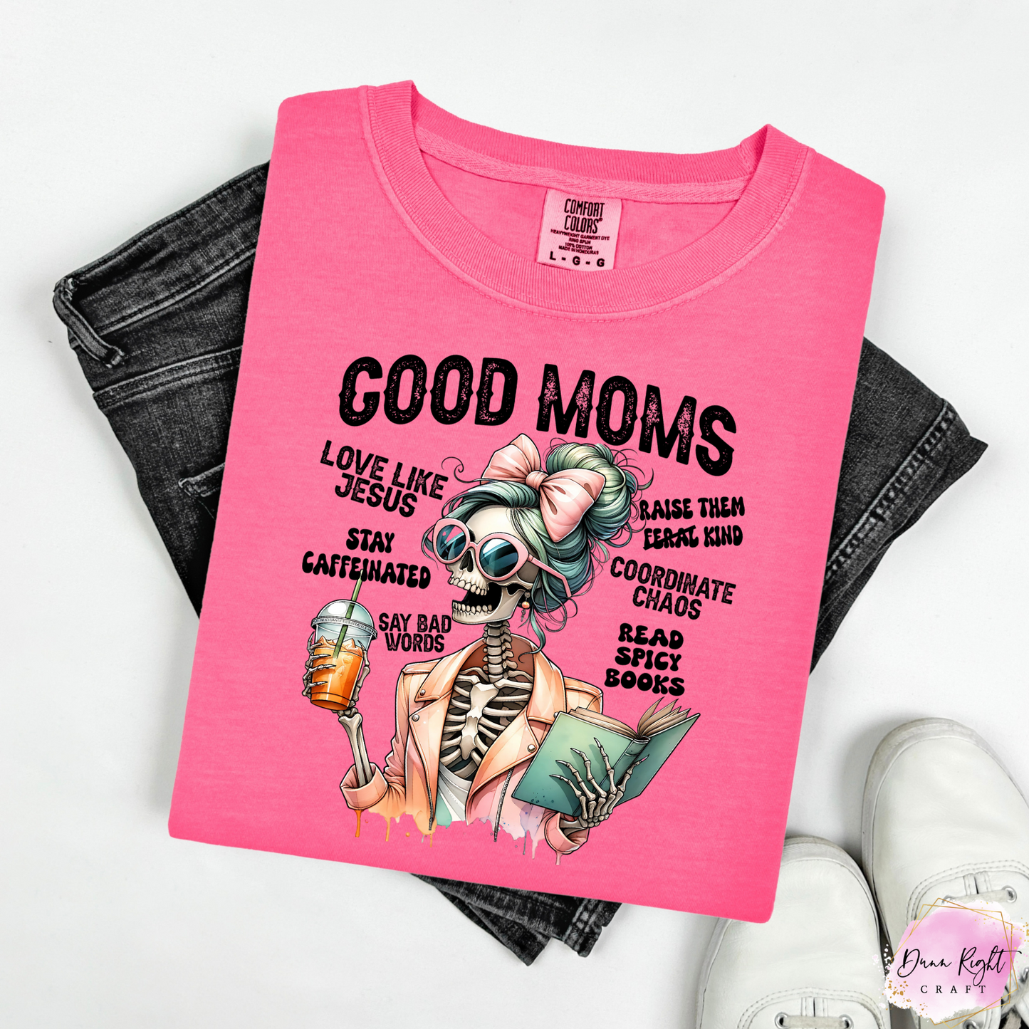 Good Moms Graphic Tee / Funny Skeleton Mom Shirt with Iced Coffee & Book