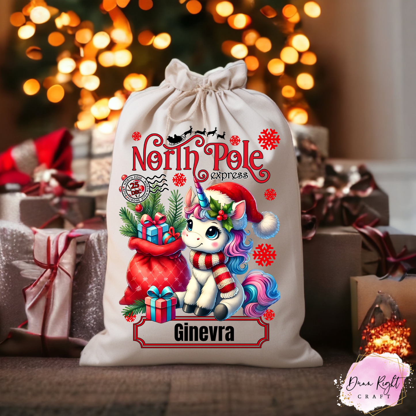 Unicorn North Pole Express Christmas Sack