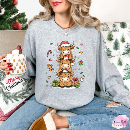 Stacked Highland Cow Christmas Sweatshirt