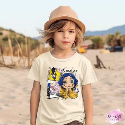 Coraline Kids Shirt – Polaroid Style Creepy Cute Design with Cat & Button Eye