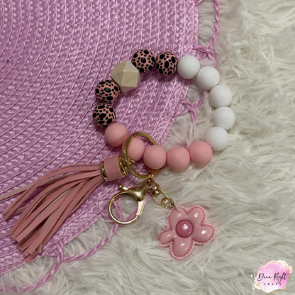 Pink Flower Beaded Keychain Wristlet - Dunn Right Craft