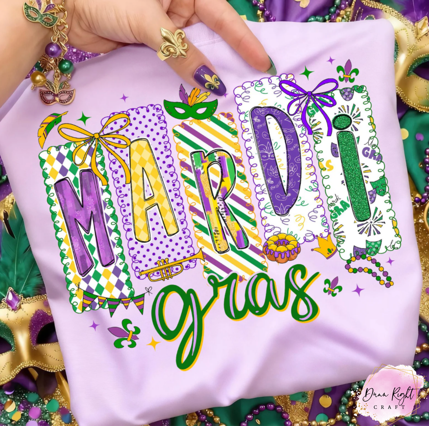 Mardi Gras Patterned Letters Shirt - Dunn Right Craft