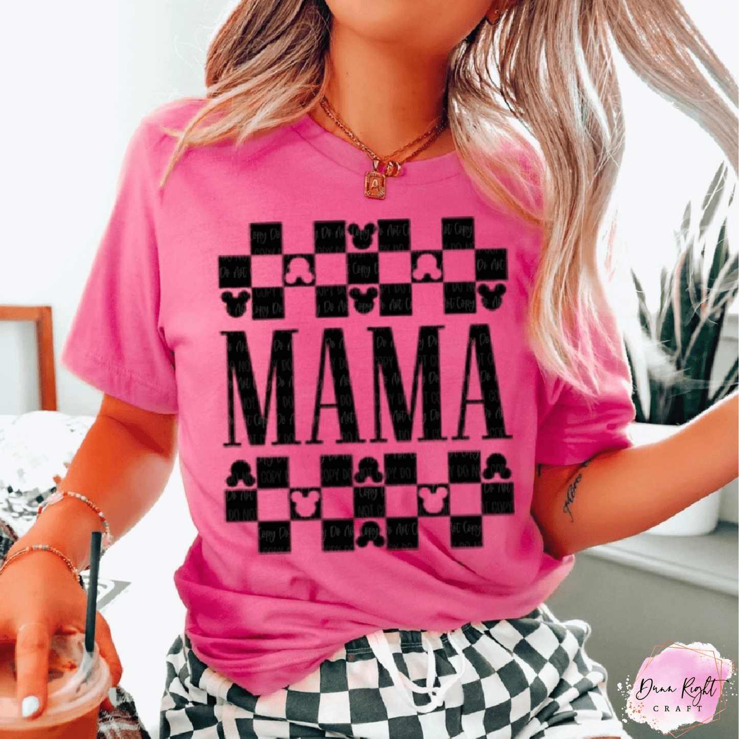 Disney Inspired Mama Shirt | Pink Checkered Graphic Tee for Theme Park Moms