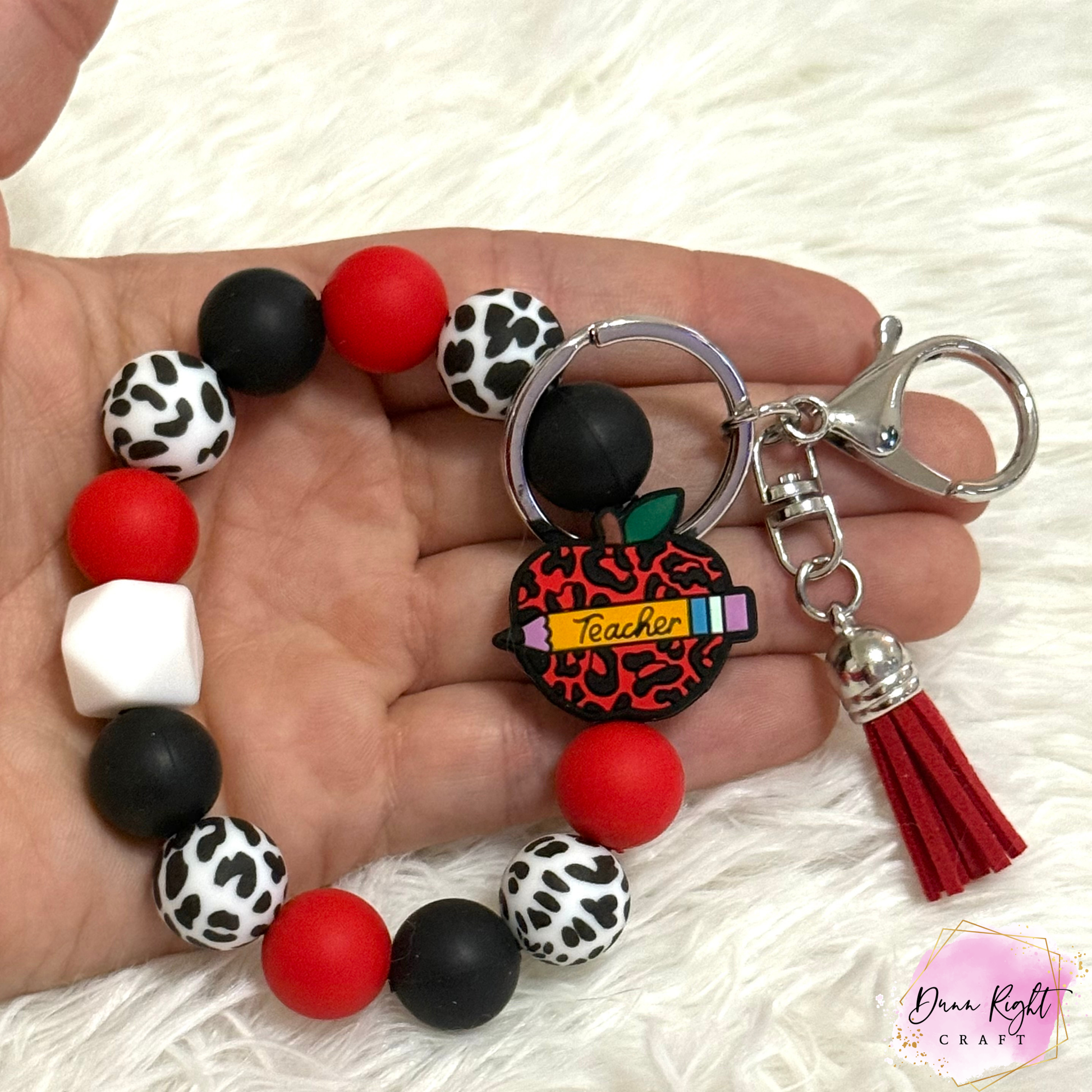 Teacher Apple Beaded Keychain Wristlet - Dunn Right Craft
