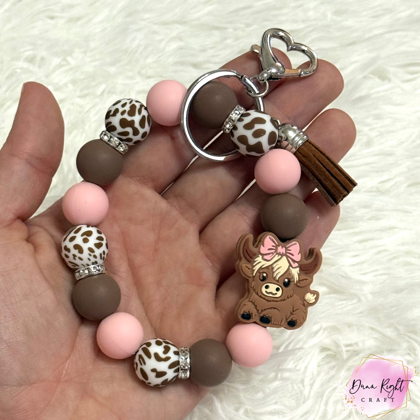 Cow Charm Beaded Keychain Wristlet - Dunn Right Craft