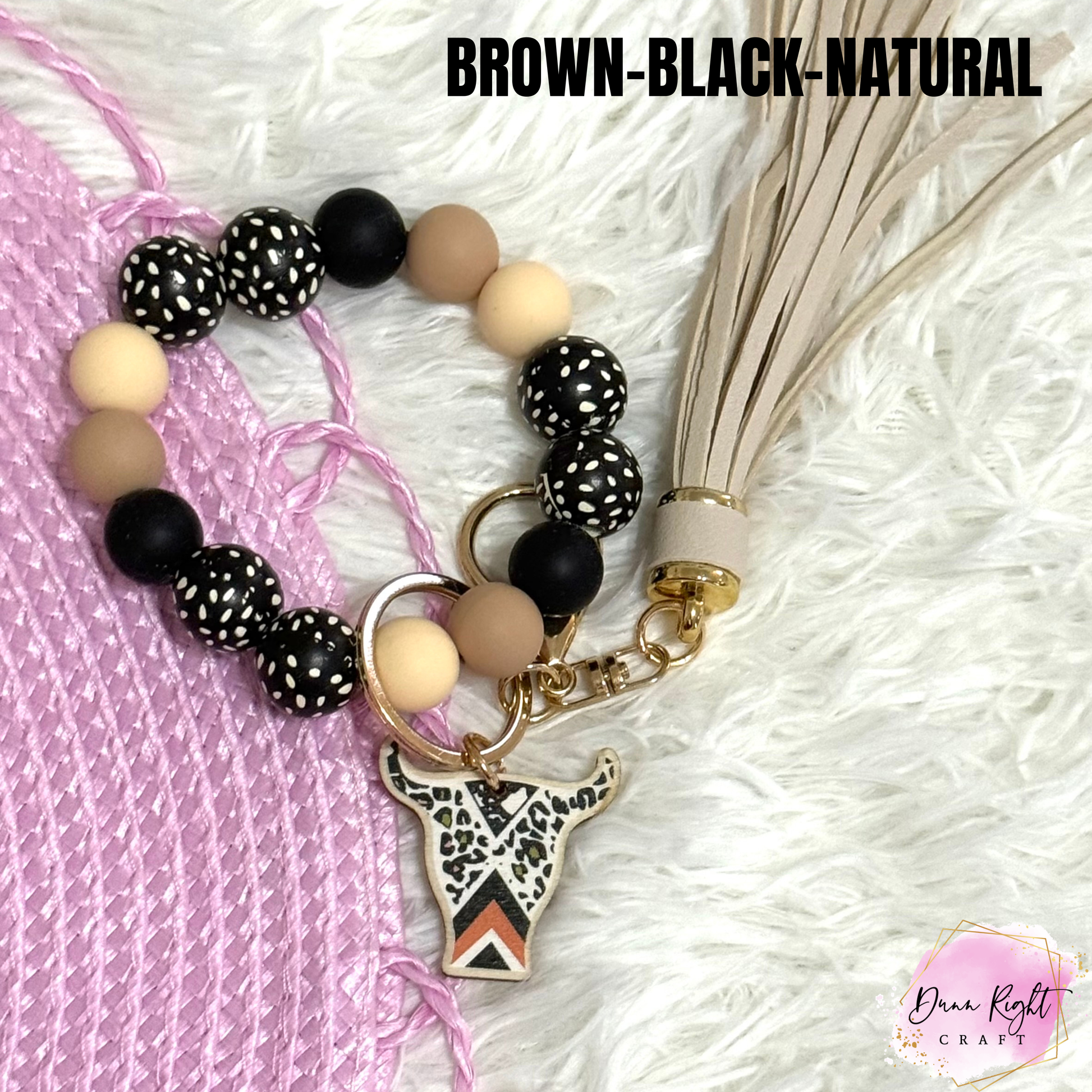 Leopard Cow Beaded Keychain Wristlet - Dunn Right Craft