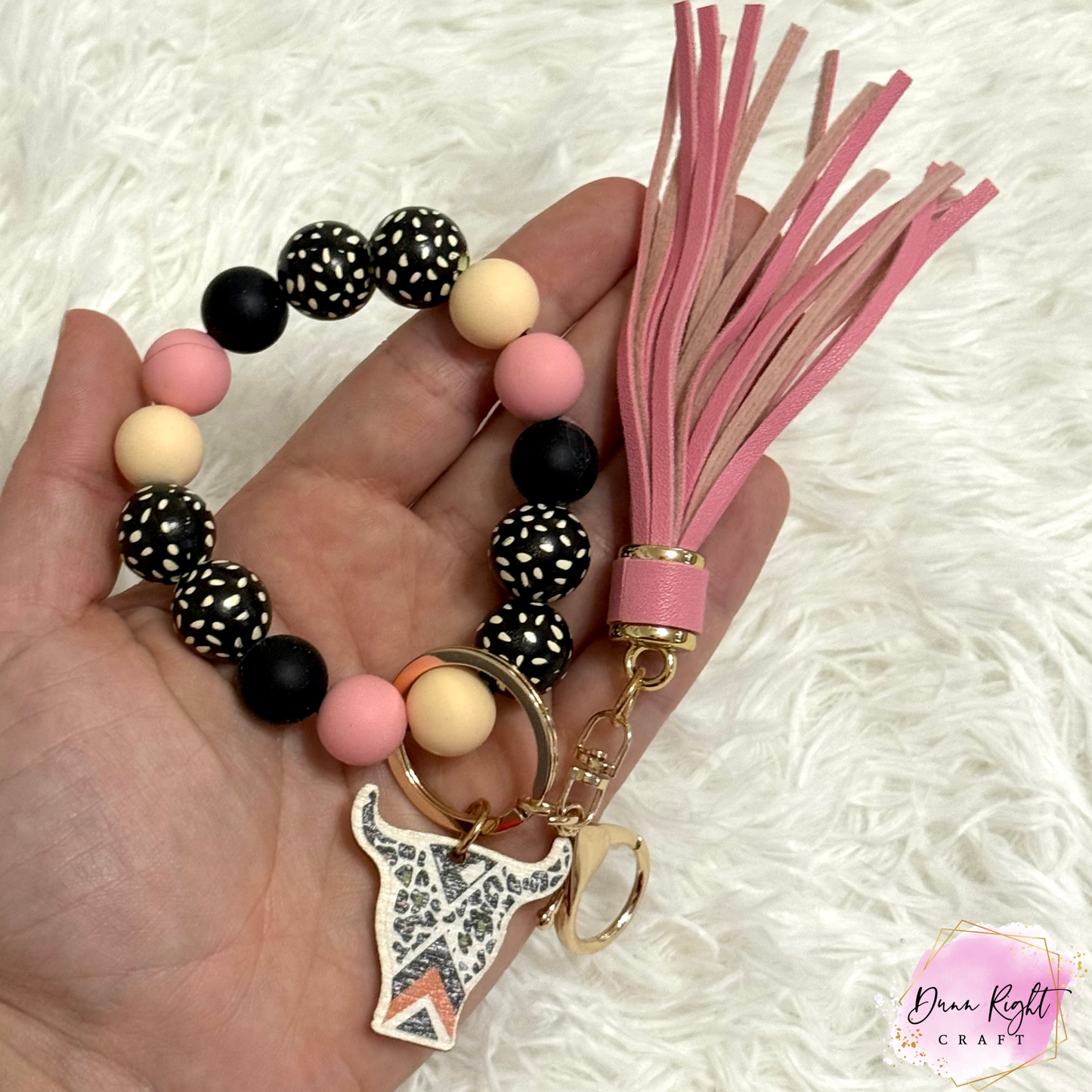 Leopard Cow Beaded Keychain Wristlet - Dunn Right Craft