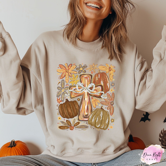 Fall Cross and Pumpkins Christian Crewneck